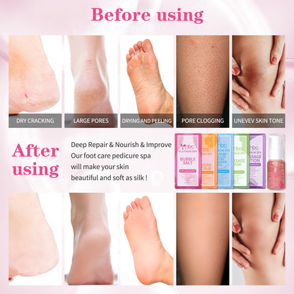 Pedicure Kit Foot Soak Set: Bubble Salt, Sugar Scrub, Massage Mask, Massage Lotion in a Box, 4 Step Foot Spa Kit for Dry Feet,Tired Feet（3 Set Tropical Fruit)