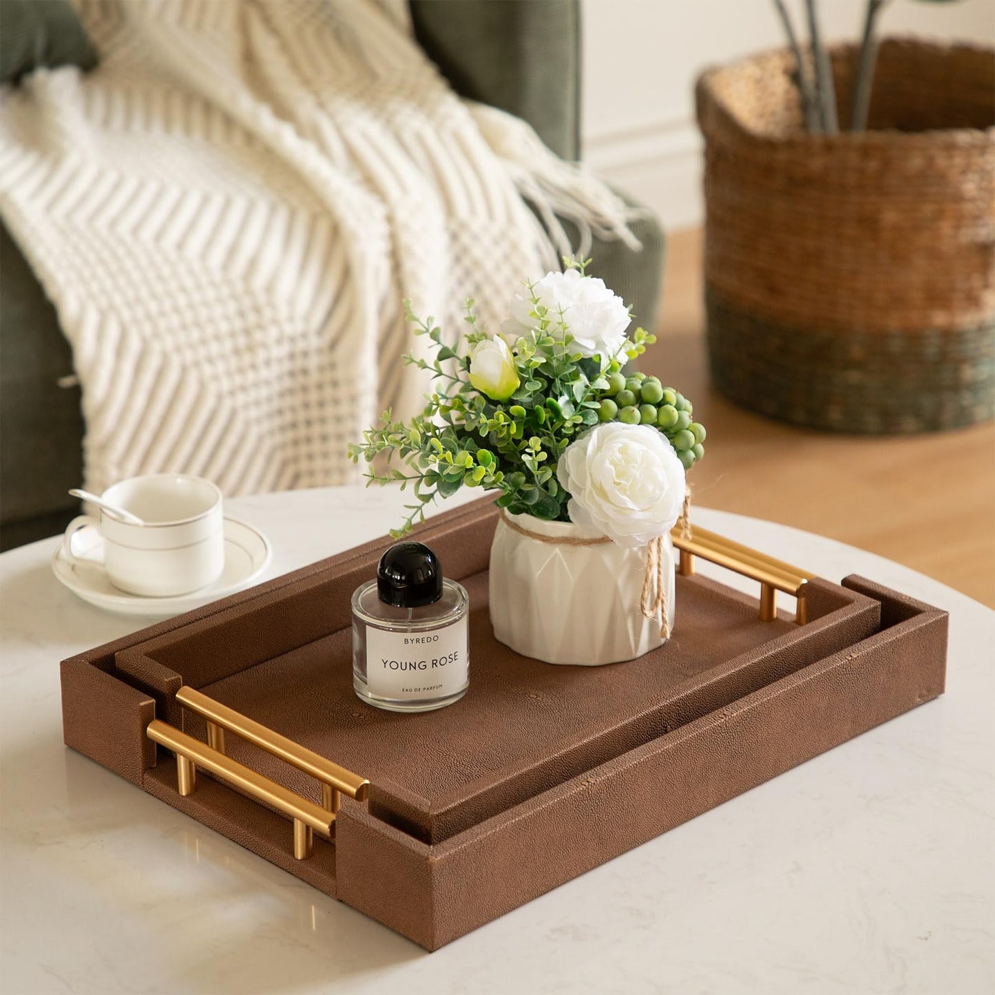 UPPER DECOR Set of 2 Decorative Tray Brown Shagreen Leather Tray, Modern Rectangle Serving Trays with Gold Polished Metal Handles, Ottoman Coffee Table Perfume Kitchen Trays Home Decor