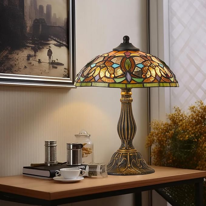 Tiffany Style Table Lamp, 12 Inch Stained Glass Lamp, Antique Table Lamp, Bedside Lamp, for Nightstand Bedroom Living Room Home Office, Include LED Bulb