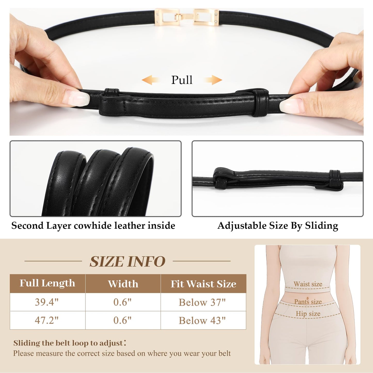 WERFORU 2 Pack Women Skinny Belt Thin Waist Belt for Pants Leather Belt with Gold Buckle for Jeans Dress,0.6" width,black+brown