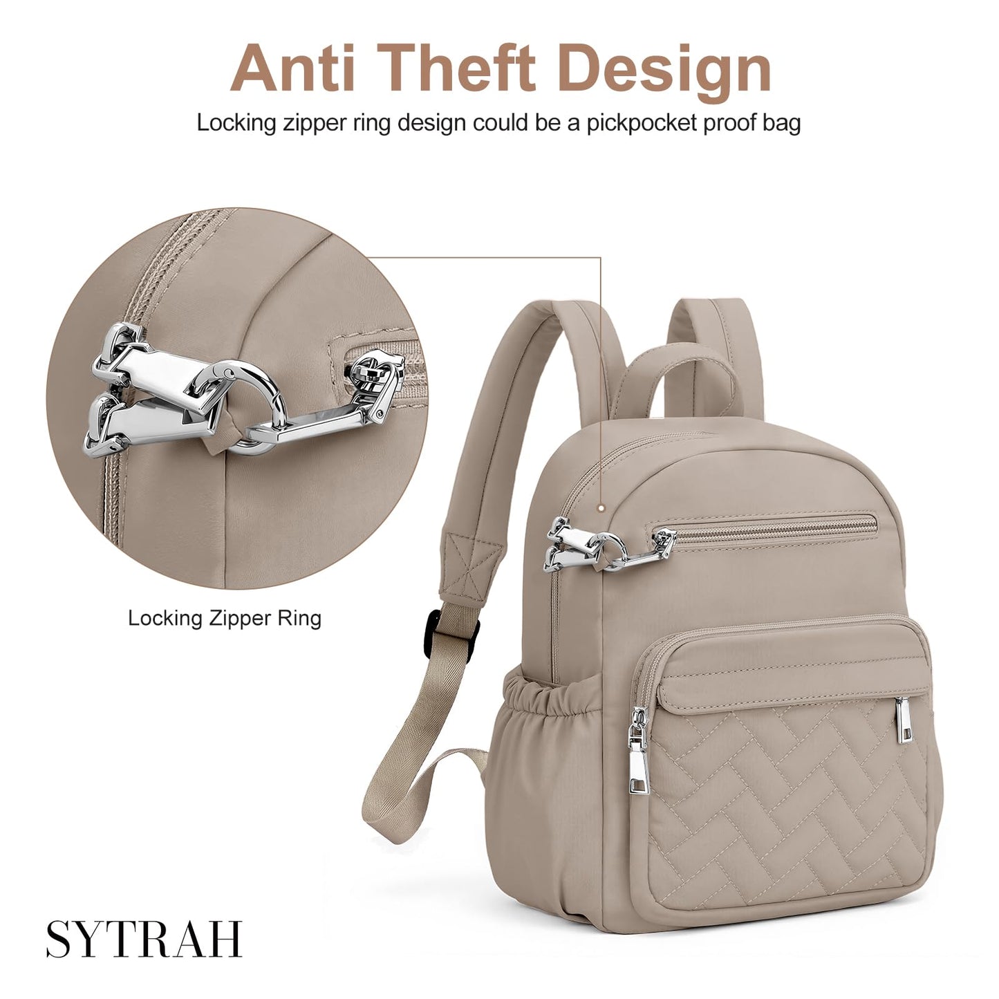 SYTRAH Mini Backpack for Women Small Backpack Purse, Anti Theft Backpack Waterproof Lightweight Puffer Back packs for Travel, Work with Coin Purse Khaki