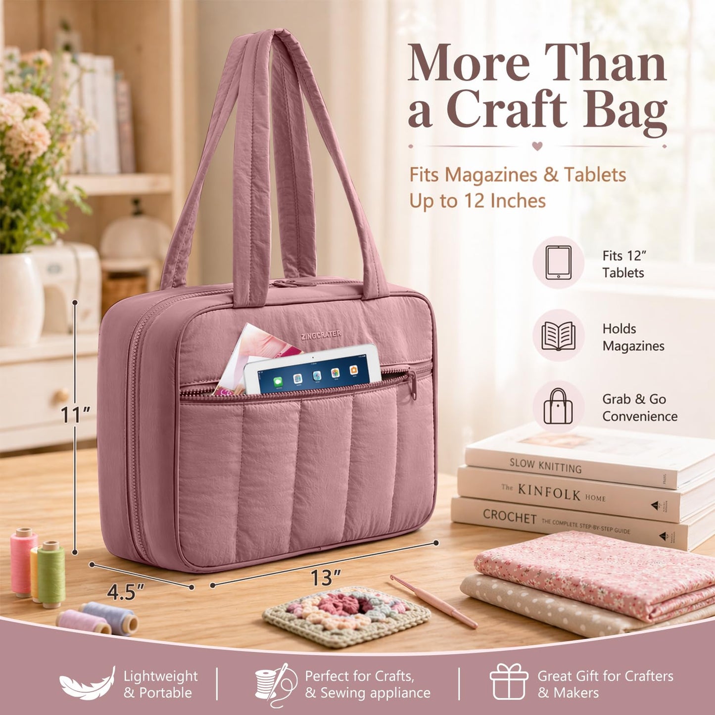 AMOIGEE Sewing Supplies Organizer Bag, Large Craft Storage Tote with 17 Clear Pockets&Tool Holders, Portable Crochet Knitting Embroidery Organizer Case for Threads, Hooks, Needles & Sewing Accessories