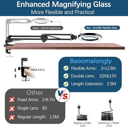 15X &10X Magnifying Glass with Light, 4.3" Real Glass LED Desk Lamp with Clamp, Adjustable Arm Magnifying Lamp, 3 Color Modes Stepless Dimmable Lighted Magnifier Hands Free for Close Work, Crafts