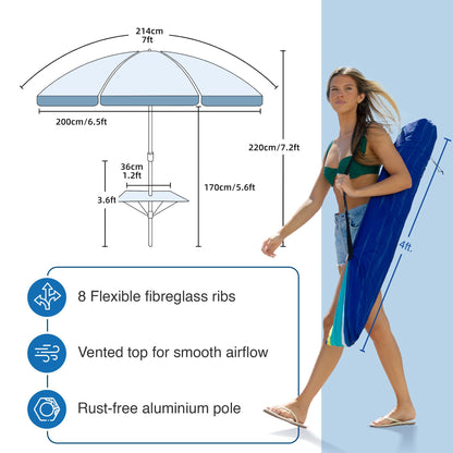 AMMSUN 7ft Heavy Duty High Wind Beach Umbrella with sand anchor, Built-in Table Tray Vent Tilt Pole, UPF 50+ Windproof Portable Outdoor Umbrellas Carry Bag for Patio Garden Pool Backyard stripe