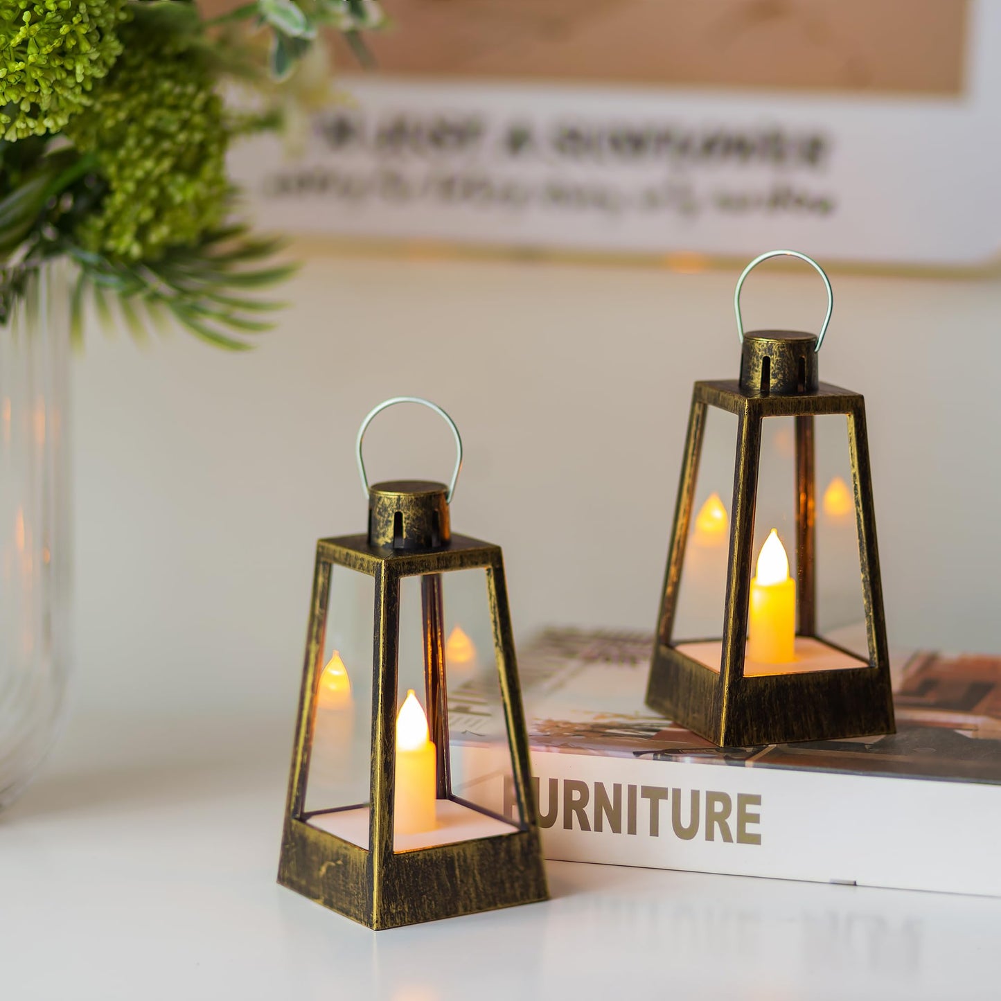 Romadedi Mini Decorative Lantern for Centerpieces - 10 Pcs Small Gold Candle Lanterns with Flickering LED Candles for Wedding Table Decor Christmas Party Halloween, Battery Included