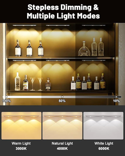 Pak Under Cabinet Lights, Rechargeable Motion Sensor Light Indoor, Wireless and 3-Color Dimmable with Cat’s Eye Hill Effect, for Display Cabinets, Showcases, Wine Racks, 2 Pack, Silver