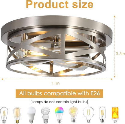 Close to Ceiling Light Fixtures, 2-Light Brushed Nickle Flush Mount Ceiling Light, 11 Inch Metal Cage Cross Modern Indoor House Ceiling Lights for Kitchen Bedroom Living Room Foyer Hallway Office