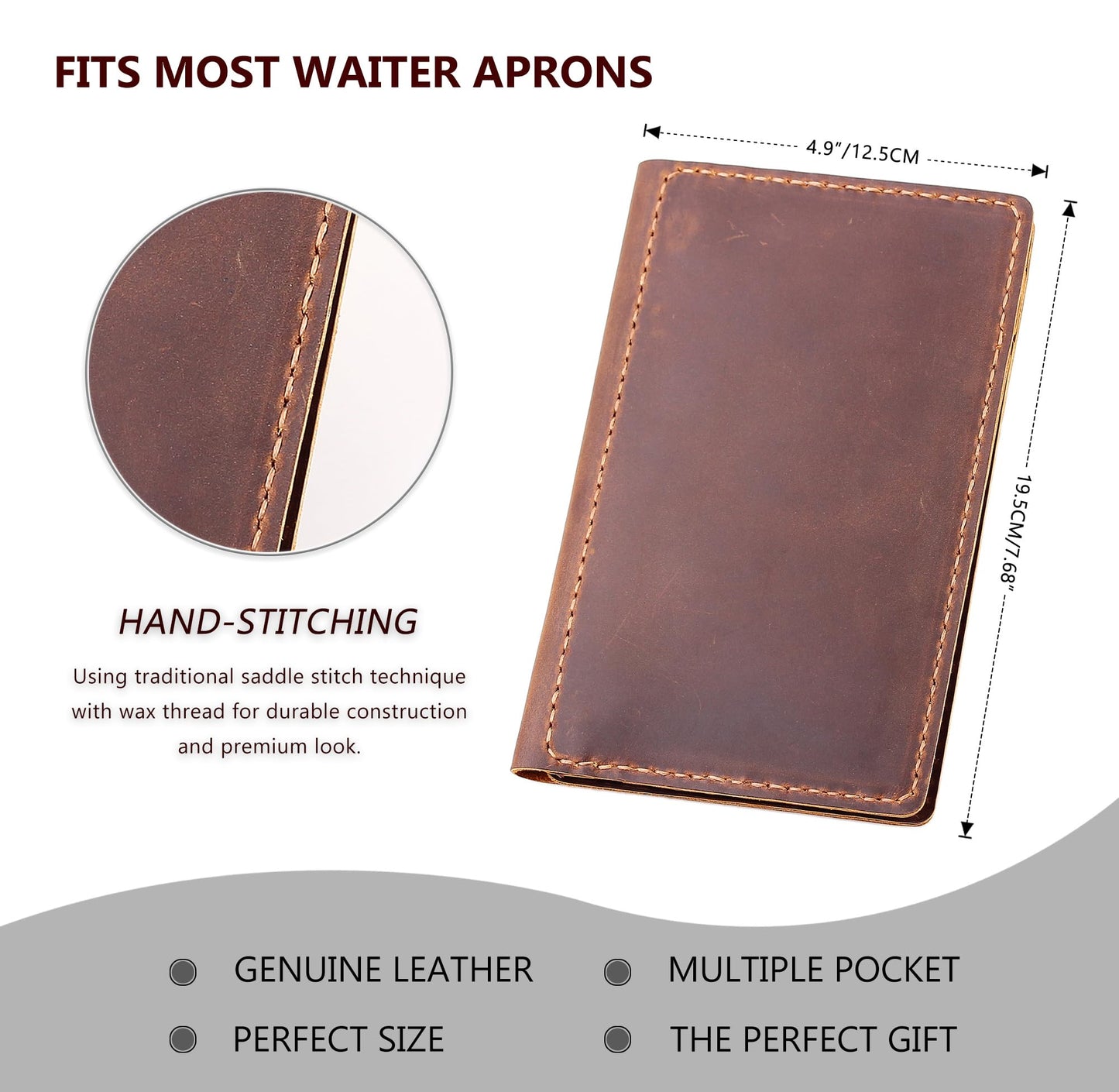 Server Book Organizer with Zipper Pocket, Genuine Leather Restaurant Guest Check Presenters Card Holder for Waitress, Waiter Accessories Fit Server Apron - Brown