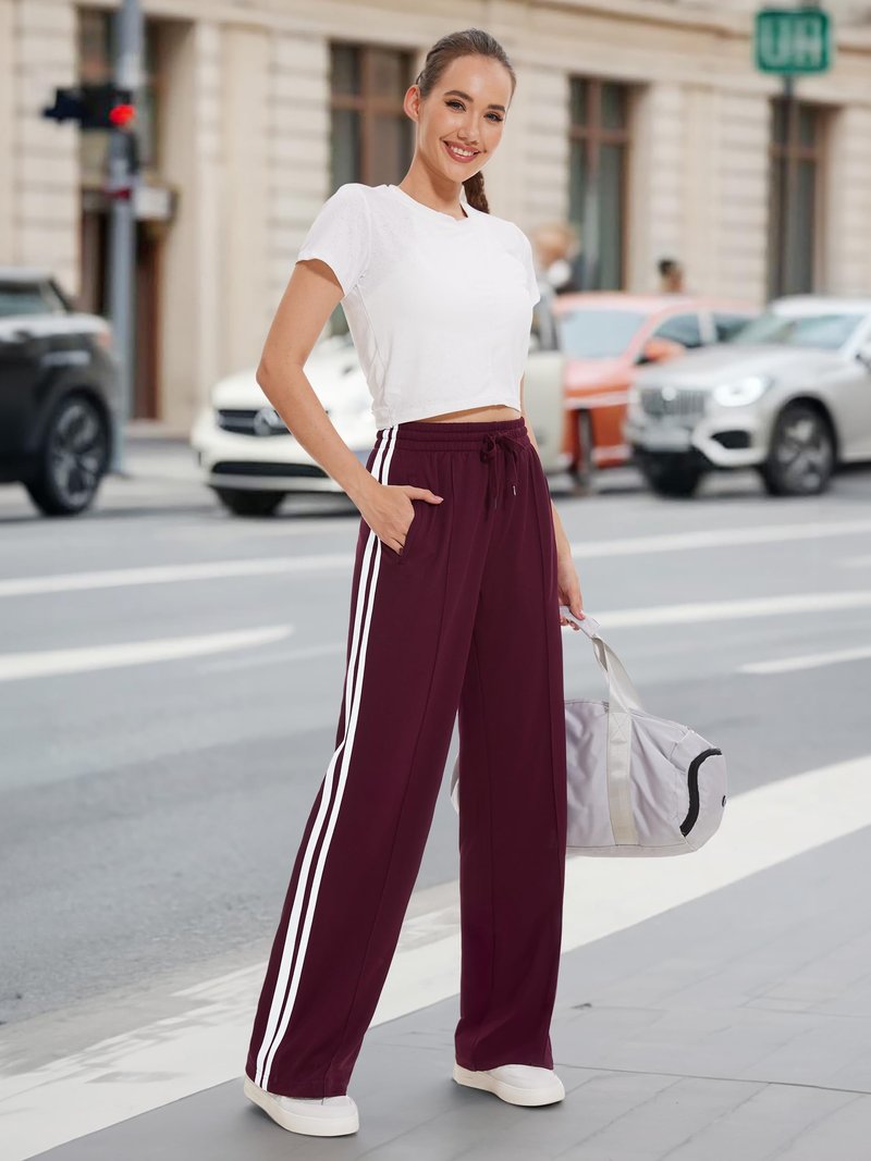 Tapata Extra Tall Woman 36" Inseam Stripes Sweat Pant High Waisted Drawstring Gym Exercise Lounge Joggers, Burgundy, S