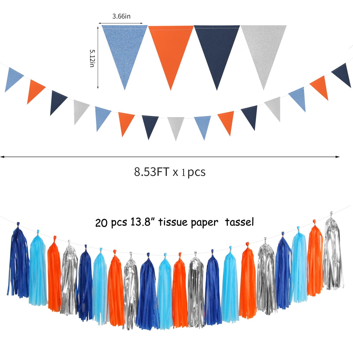 Blue-Silver Orange Space Party-Decorations Streamers-Garland - 30pcs Graduation 2025 Tissue Pom Poms,Tassel Banner Backdrop Birthday Boy Baby Shower Decor Bunting Lasting Surprise