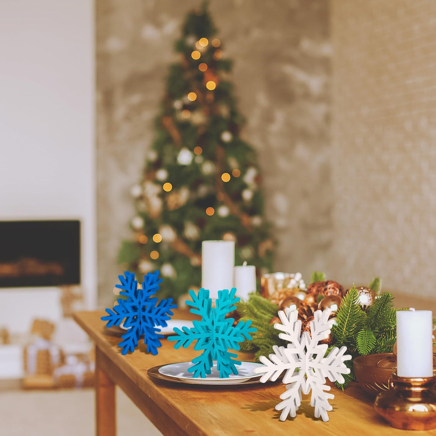 Qunclay 20 Pcs Wooden Snowflake Decorations 3D Snowflake Tabletop Decor Winter Signs and Centerpiece for Winter Wonderland Decorations Xmas Tiered Tray Decor(Dark Blue, Light Blue, White)