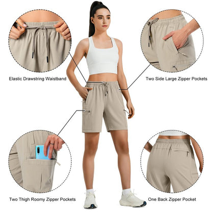 Hugut Women's Lightweight Hiking Cargo Shorts Quick Dry Athletic Shorts Camping Travel Golf Zipper Pockets Water Resistant Khaki