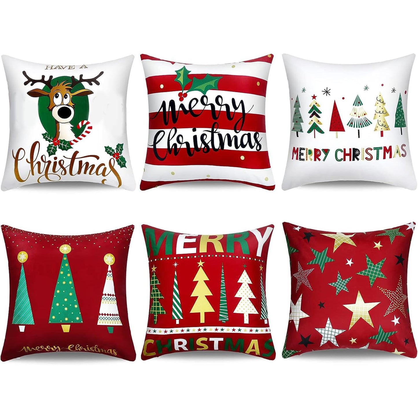 Boao 6 Pcs 18 x 18 Inch Christmas Pillow Cover Merry Christmas Red Throw Cushion Covers Xmas Tree Reindeer Star Pillow Case for Holiday Party Home Living Room Couch Outdoor Front Porch Decoration