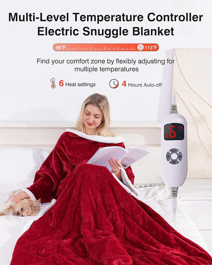 Wearable Heated Blanket with Sleeves, Electric Heated Blanket for Gifts, Electric Throw Wrap Poncho Shawl with Pockets, 6 Heating Levels & 4 Hours Time Settings, 50 x 70 Inch (Red)