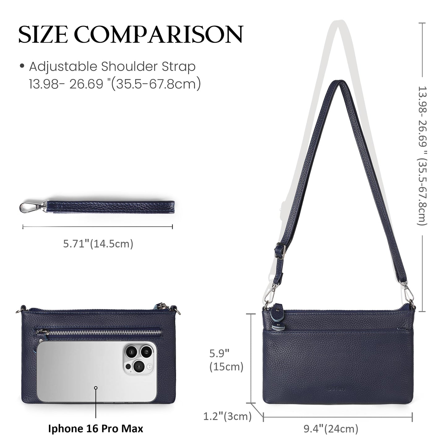 befen Leather Wristlet Wallets for Women, RFID Blocking Small Crossbody Bags, Women Leather Purses Handbags Shoulder Bag Trendy Clutch Purse with Adjustable Shoulder Strap and Wrist Strap, Navy Blue