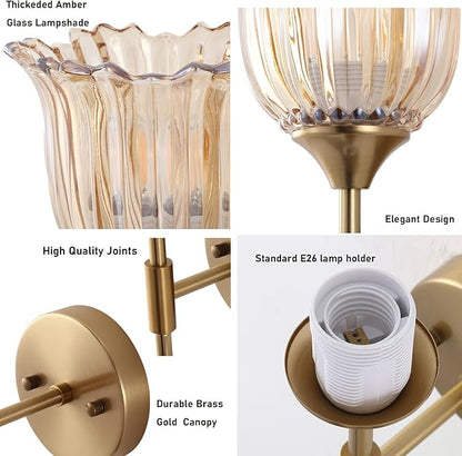 Gold Wall Sconce Set of 2 with Amber Glass Shades Modern Mid Century Bathroom Vanity Wall Light Fixtures Industrial Brushed Brass Wall Lamp for Bedroom Mirror Living Room Restaurant