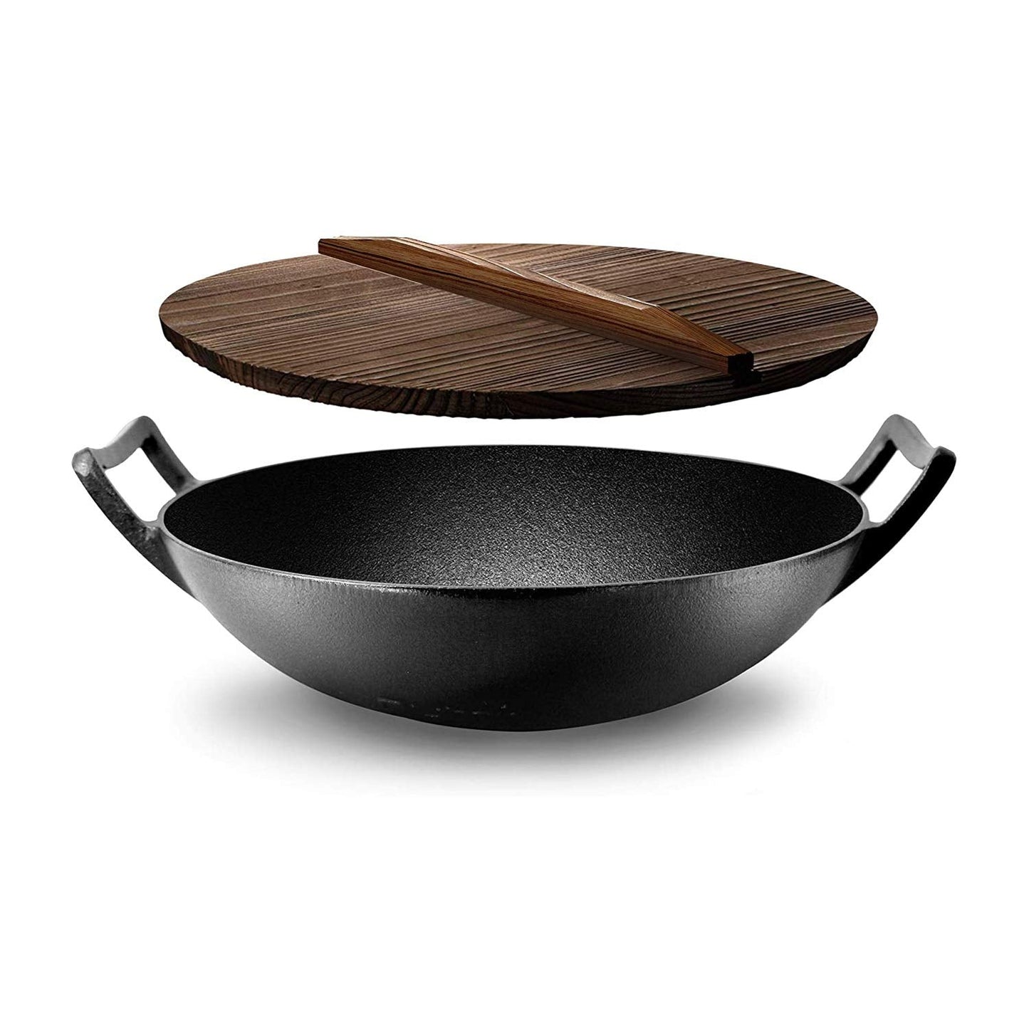 NutriChef Cast Iron Wok with Wooden Lid - Pre-Seasoned Chinese Wok for Stir-Fry, Compatible with Multiple Cooktops Including Induction, Large 5.8 Qt Capacity, 12" Diameter