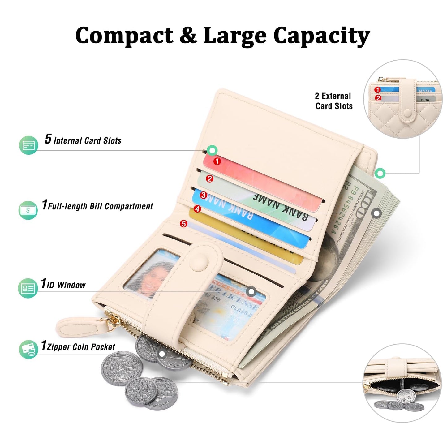 GAEKEAO Small Wallet for Women Slim Bifold Leather RFID Blocking Credit Card Holder Wallets Zipper Pocket Coin Purse with ID Window