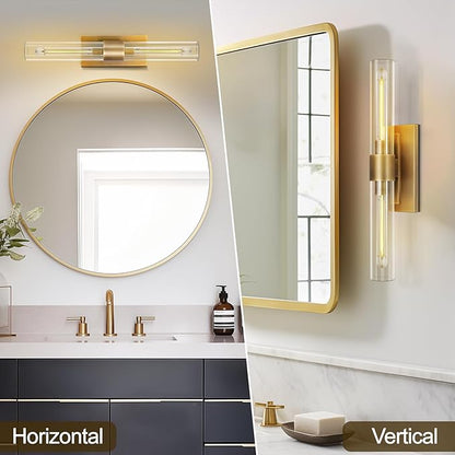 Brass Bathroom Vanity Wall Sconces, 2-Light Glass Tube Wall Sconces, 24 Inch Horizontal or Vertical Linear Wall Sconces,Gold Vanity Light, Indoor Wall Sconces, E26 Bulb Included