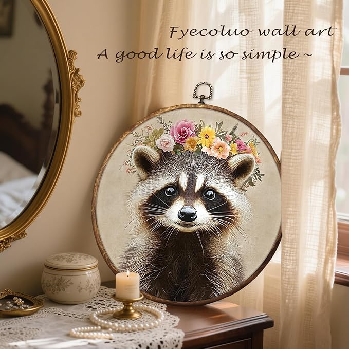 HUGANE Funny Floral Wreath Raccoon Round Wall Art Decor, Rustic Flower Racoon Trash Panda Hanging Canvas Framed Prints Wall Sculptures for Nursery Kids Room Home Bedroom Decor, 10x10 Inch