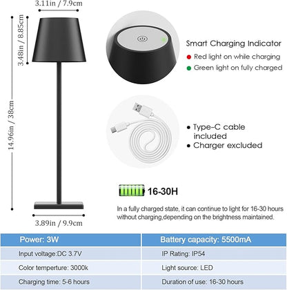 4-Pack LED Rechargeable Table Lamp, Battery Desk lamp 3W 6000mAh Battery Operated Stepless Dimming Modern Portable Table Light for Restaurant/Dinner/Bedroom/Outdoor IP54 Waterproof (Black)