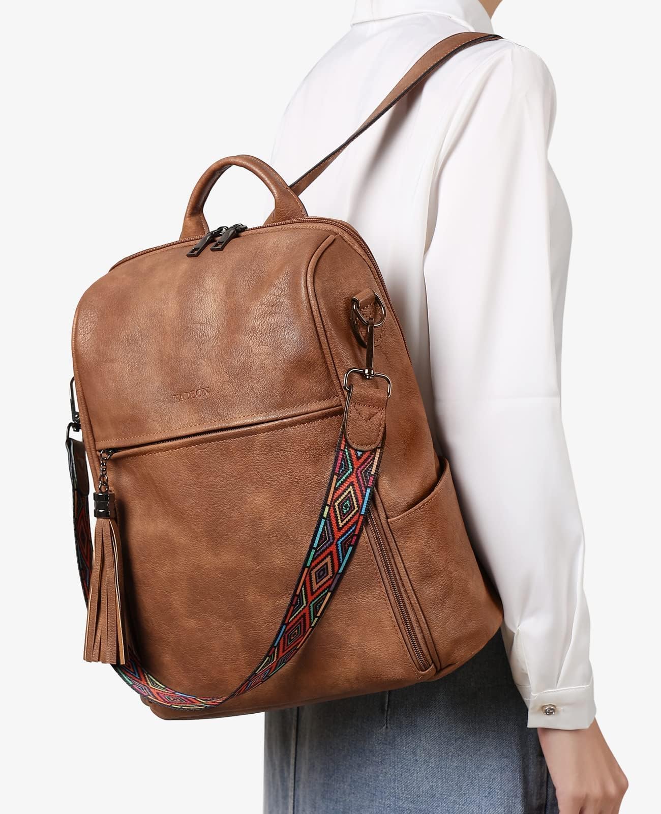 FADEON Leather Backpack Purse for Women Designer Travel Backpack Purses PU Fashion Ladies Shoulder Bag with Tassel Brown