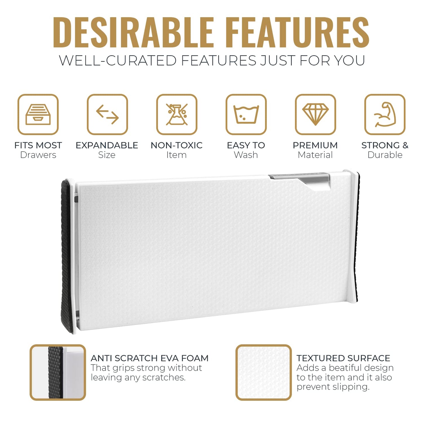 RAPTUROUS Adjustable Deep Drawer Divider – 5" Tall, Expandable 13-22", 10-Pack, Non-Slip Drawer Dividers for Clothes, Dresser, Kitchen & Office Organization (White)