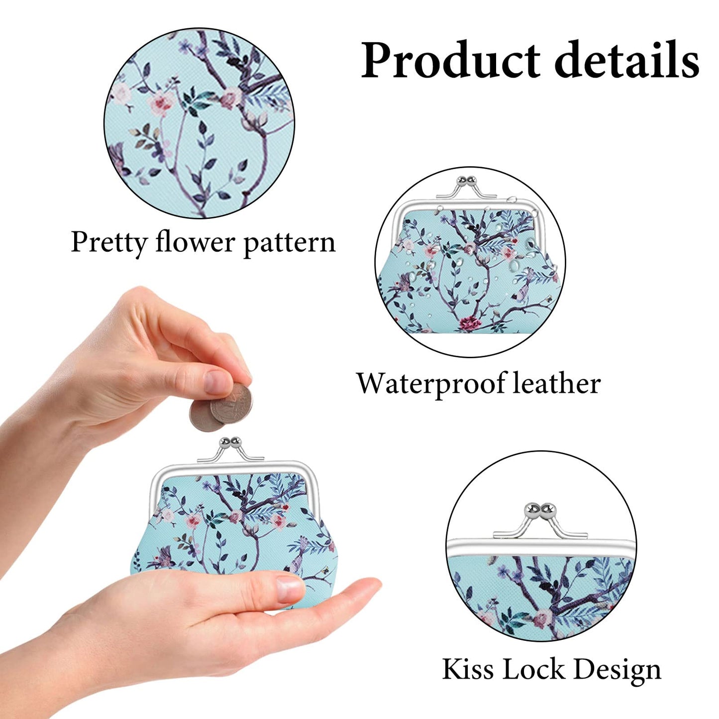 FuninCrea 2 Pcs Faux Leather Coin Purse for Women with Kiss Lock, Floral Pattern Change and Coin Wallet Double Clasp Closure Mini Wallet for Cash Key (Blue+Dark Pink)