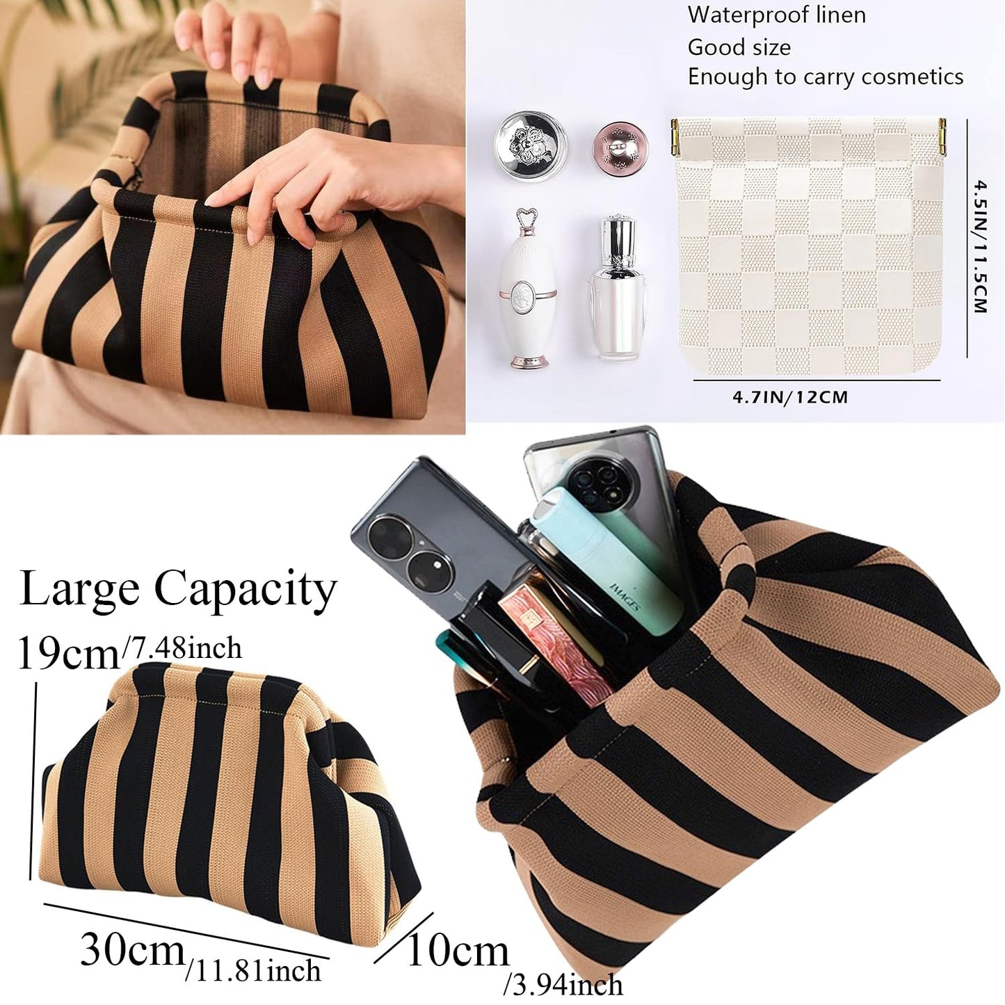 Vpoofree Clutch Purses for Women,Woven Clutch with Leather Pocket Bag,Woven Crochet Dumpling Striped Cloud Handbag Evening Bag Summer (Black-brown Stripe Woven Clutch Purses)