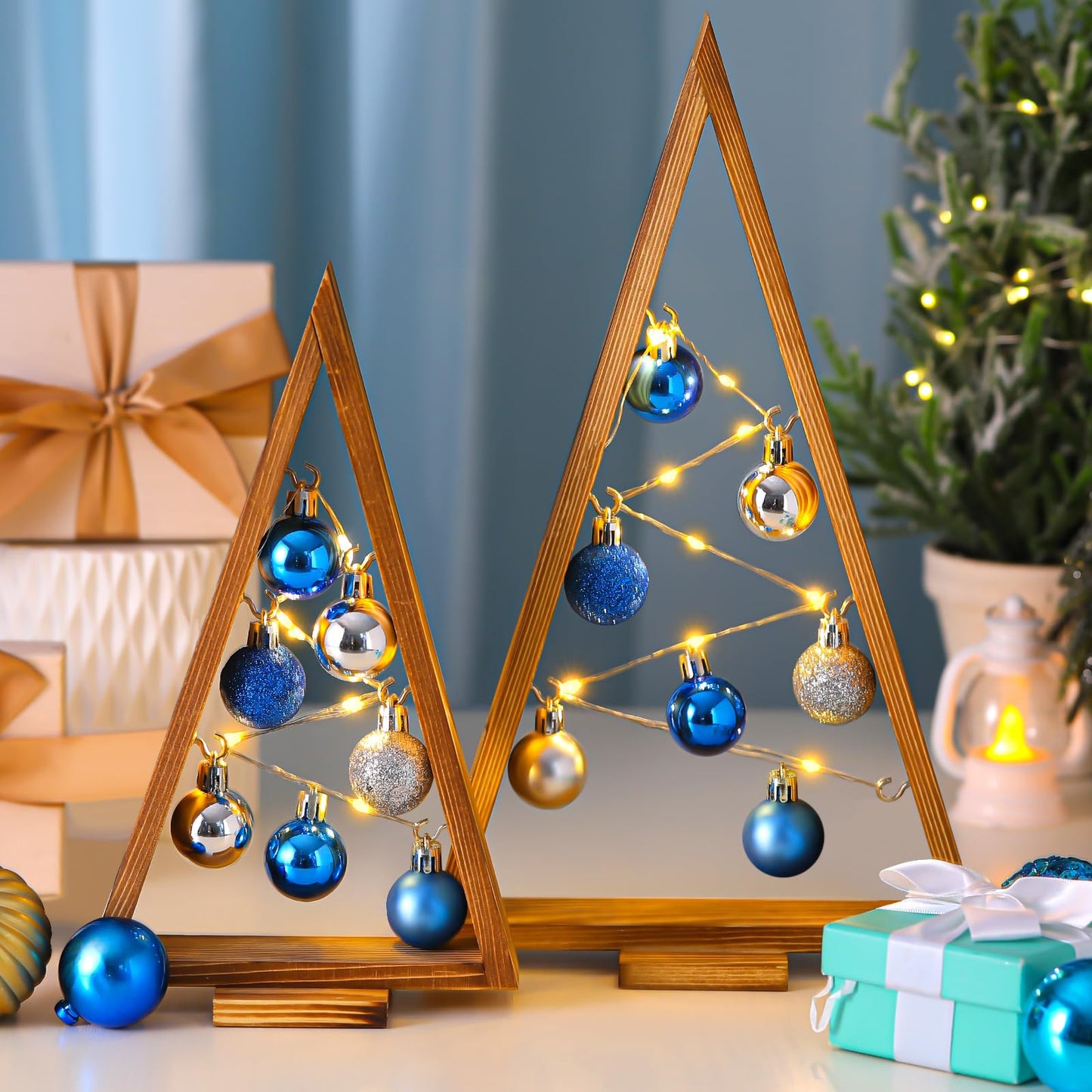 Hungdao 2 Pack Wooden Christmas Tree with Lights and Balls Modern Farmhouse Christmas Table Centerpiece Tabletop Decor for Winter Fireplace Mantle Shelf Home Decor(Blue, Silver)
