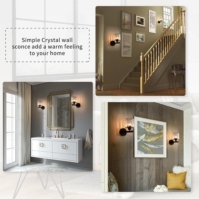 TISLYCO Black Wall Sconces Set of 2, Bathroom Wall Lighting Fixtures Over Mirror, Vanity Light, Modern Glass Shade Wall Lamp Black Indoor Decor for Bedroom Living Room Entryway