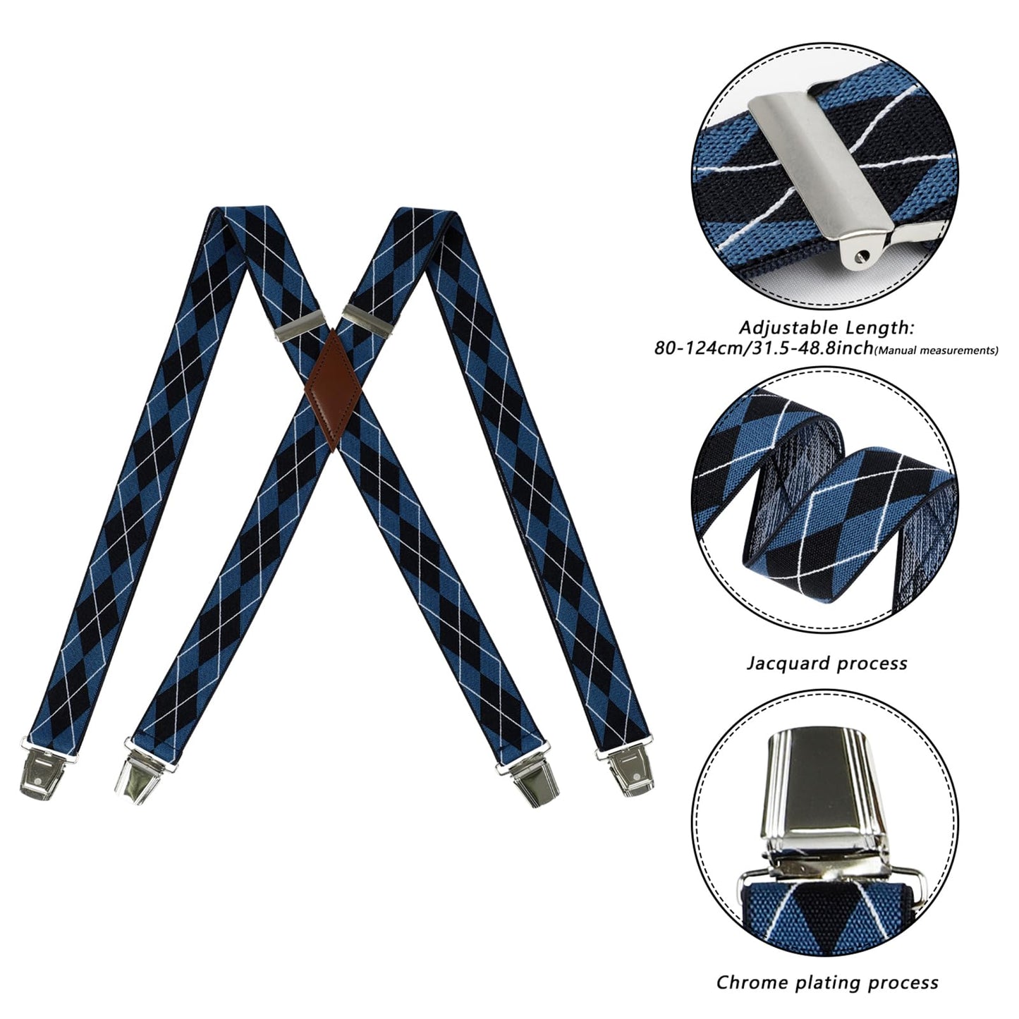 LEHOMU X-Back Suspenders for Men 1.4 Inches Wide Straight Strong Clips Suspender – Adjustable Fit Elastic Braces for Work,Perfect For Both Casual&Formal Jeans, and More,Blue Stripe