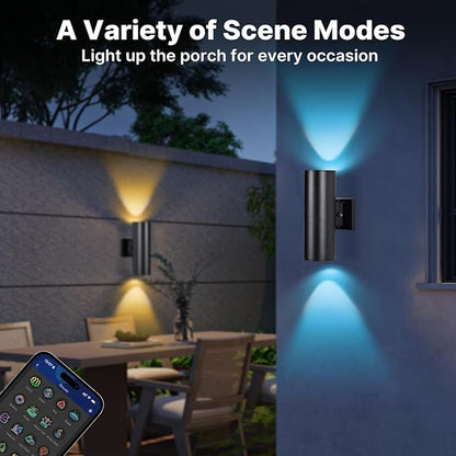 RGBCW Outdoor Wall Light 2 Pack, Smart Porch Light Dusk to Dawn Lighting with Remote Control, WiFi Outdoor Wall Sconce, Compatible with Alexa, Exterior Lights for House Porch Garage