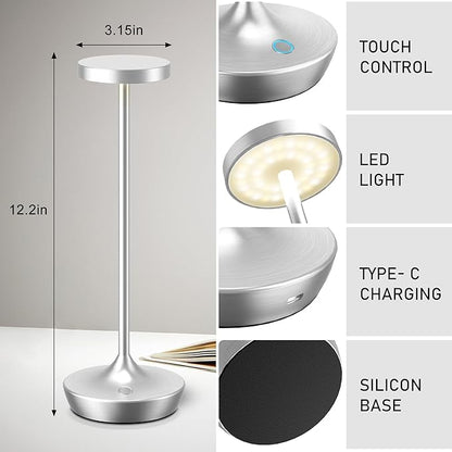 Cordless Table Lamp Rechargeable - 6000mAh LED Battery Operated Table Light - Portable Touch Dimmable Outdoor Waterproof Table Lamps for Patio Bar Restaurant Dining (2 Silver)