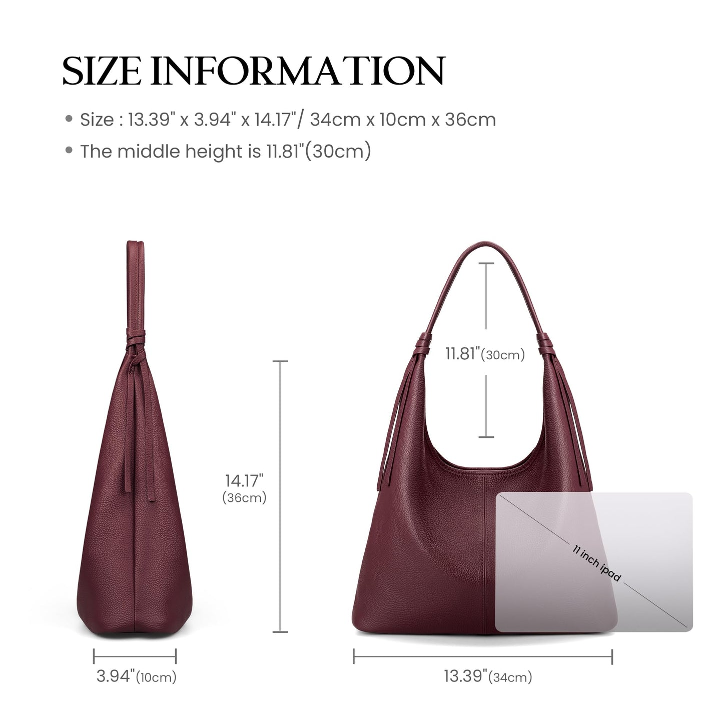 befen Genuine Leather Slouchy Hobo Purses for Women, Casual Hobo Bags Real Top Grain Leather Tote Handbags Women's Burgundy Shoulder Satchel for Shopping, Outing, Travel