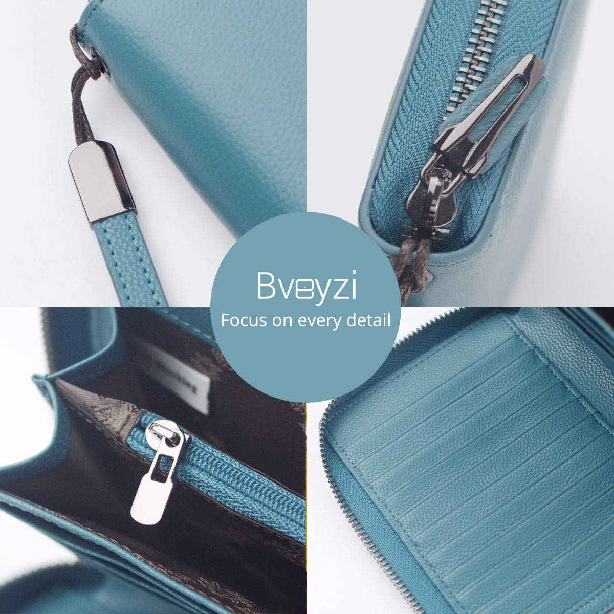 Bveyzi Women RFID Blocking Wallet Leather Zip Around Phone Clutch Large Capacity Ladies Travel Purse Wristlet (Lake Blue)