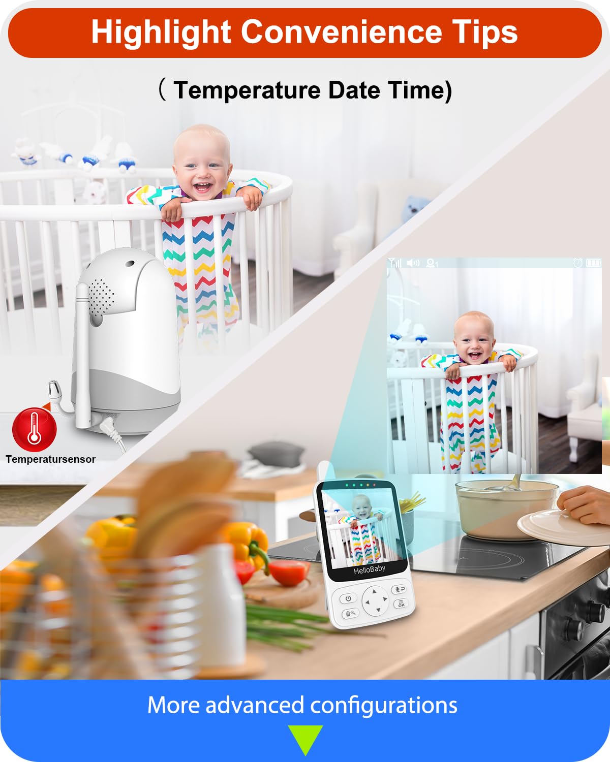 HelloBaby No WiFi Baby Monitor with Voice-Activated Night Vision,4" IPS Camera and Audio, 2-Way Talk and PTZ, 26H Battery and 1000ft Range, Portable for Nursery and Travel