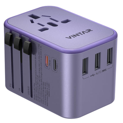 Universal Travel Adapter, VINTAR 35.5W International Power Adapter with 3 USB A QC and 2 USB C PD, All in One Plug Adapter Worldwide Travel Essentials for EU/UK/USA/AUS(Type C/G/A/I), Purple