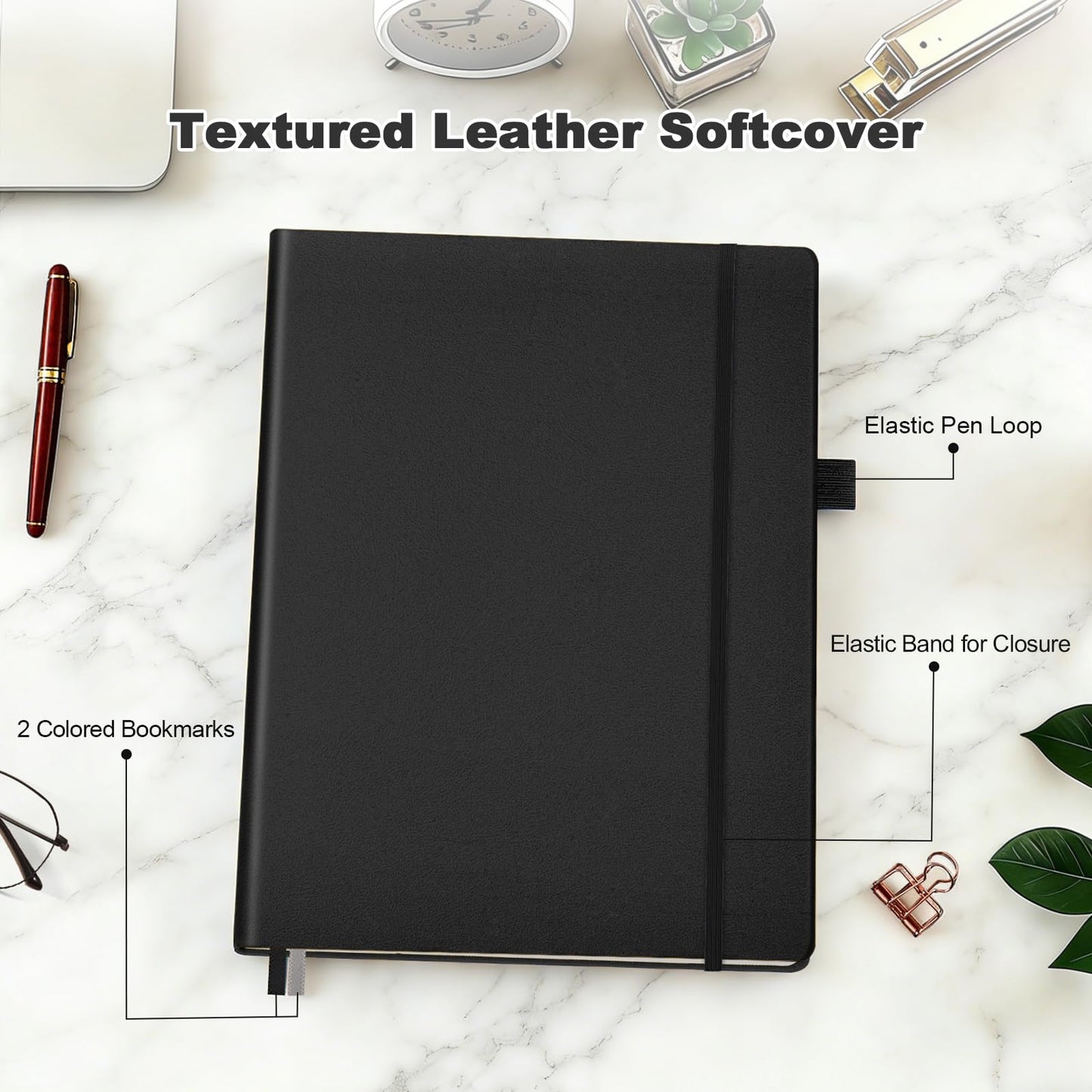 College Ruled Notebook, A4 Softcover Leather Notebook for Work, Lined Notebook Journal for Women, Men, 192 Thick Paper, Lay Flat, Large Notebook with 2 Pockets, Professional Business Notebook, Black
