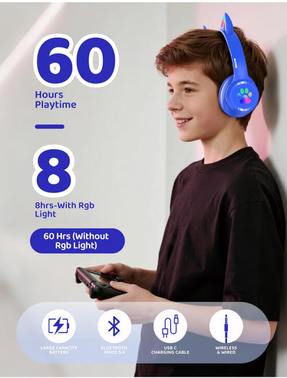 MIDOLA Kids Headphones Cat Ear Wireless Bluetooth 5.3 60H Over Ear, 8H with Led Light Foldable Headset with Aux 3.5mm Mic for Travel Pad Tablet Blue