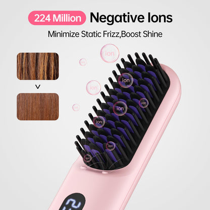 Cordless Hair Straightener Brush-Portable Straightening Comb, 9600mAh Batt, Plasma Tech, 9 Temp-Settings & LED Display, for Travel & Home(Pink)