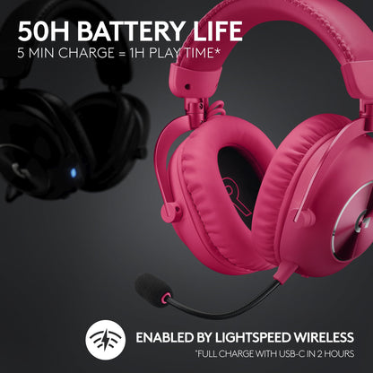 Logitech G PRO X 2 Lightspeed Wireless Gaming Headset, Detachable Boom Mic, 50mm Graphene Drivers, DTS:X Headphone 2.0—7.1 Surround, Bluetooth/USB/3.5mm Aux, for PC, PS5, PS4, Switch - Magenta