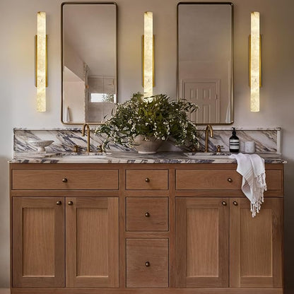 Brass Alabaster Wall Sconces, 36" Large Marble Wall Sconce, Hardwired Gold Wall Sconces Interior, Stone Wall Sconce Dimmable, Alabaster Wall Lamp for Living Room, Bathroom, Bedroom, Hallway-Upgraded