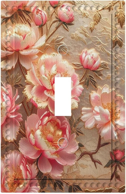 Pink Blooming Flowers Peonies Floral Light Switch Covers 1 Gang Single Toggle Wall Plate Decorative Switchcover Electrical Switchplate for Farmhouse Living Decor