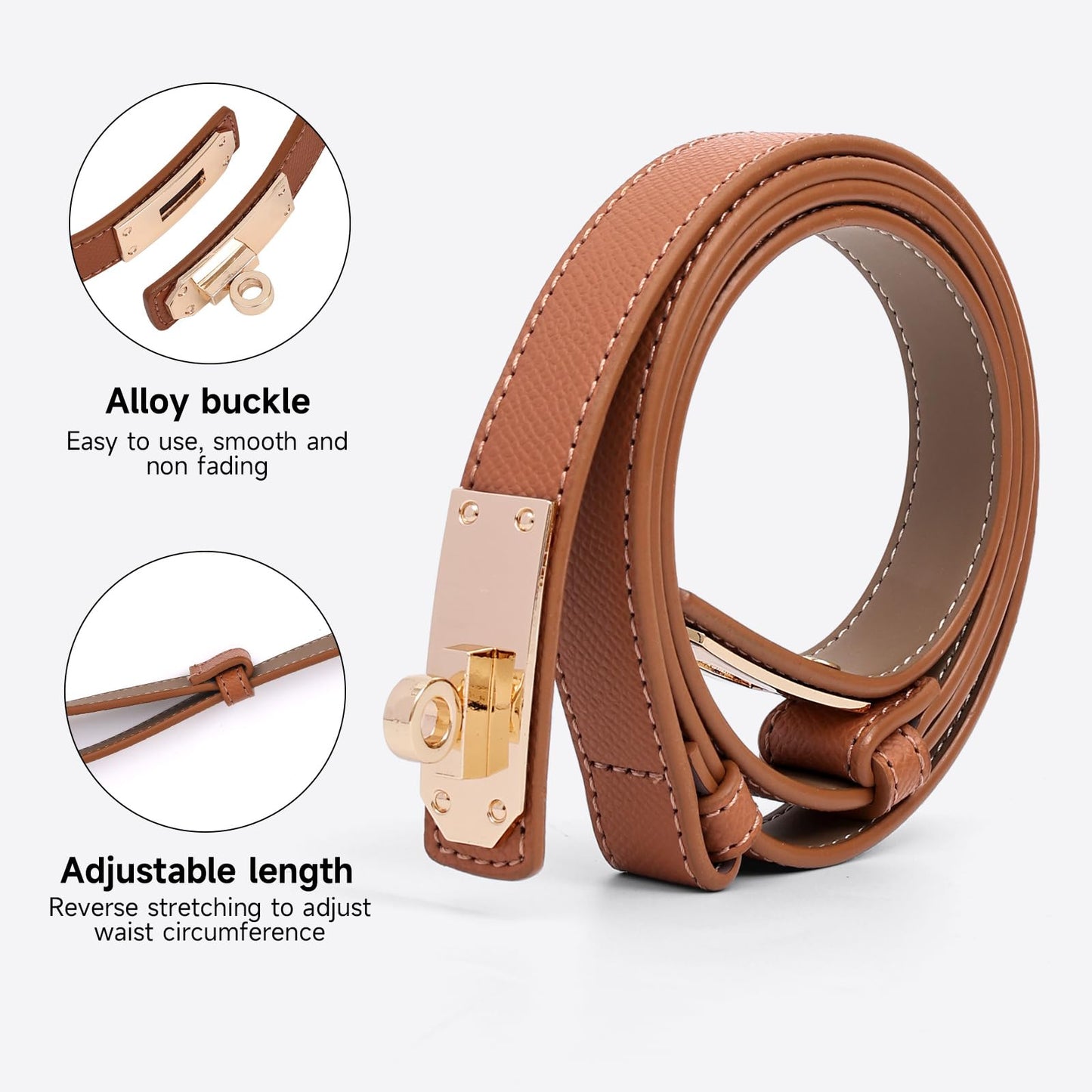 Asaloy Women's Thin Leather Belts with Turn Lock Buckle,Belt Women Adjustable for Pants Dresses Jeans Coats (Caramel Gold Buckle+Black Gold Buckle（2 piece）, Waist Size Below 37 Inches)