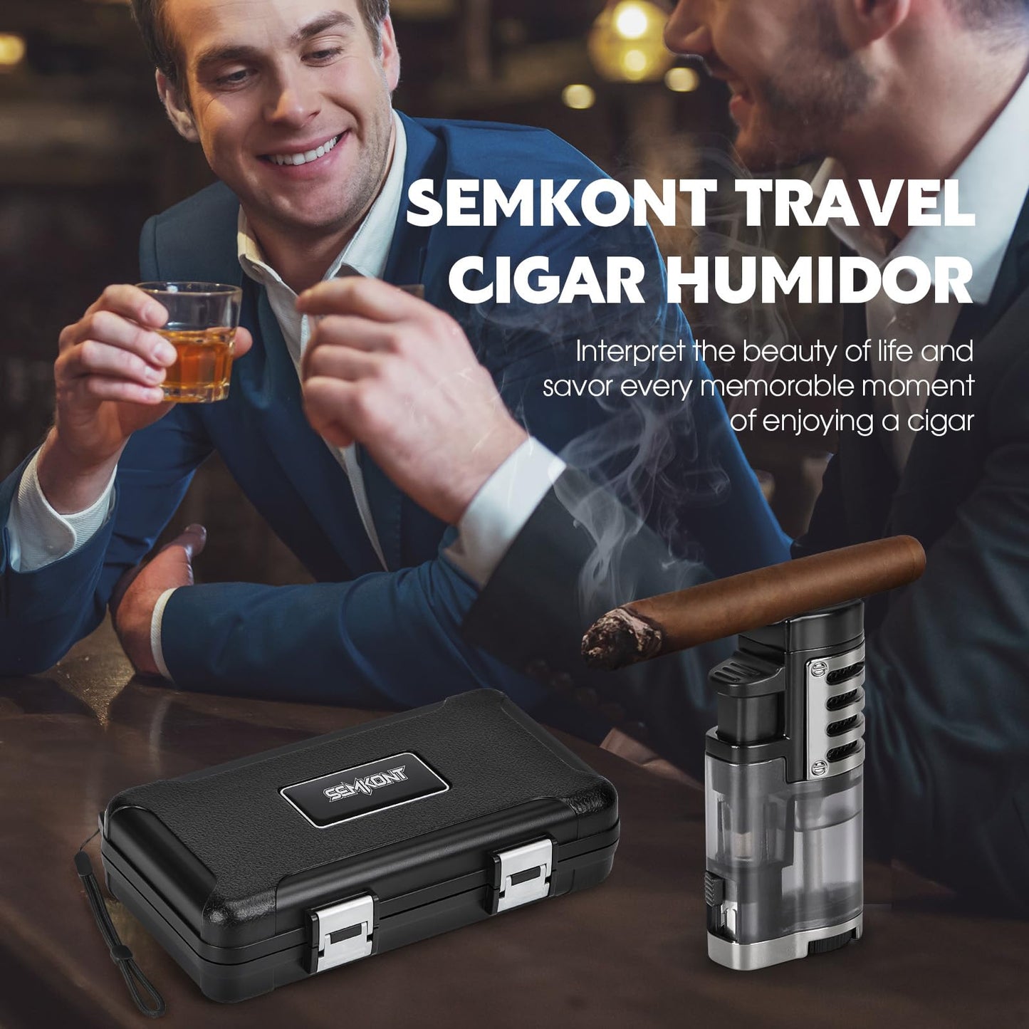 SEMKONT Cigar Humidor, Portable Travel Cigar Box, Double Cigar Humidor with Separate Storage for Cigar Accessories, Cigar Travel Case with Cigar Lighter(No Butane), Holds 5 Cigars (Black)