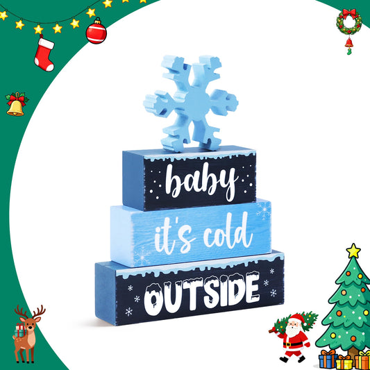 4 Pcs Christmas Wooden Tiered Tray Decor, Snowflake Baby It's Cold Outside Christmas Decorations Gifts for Home, Winter Table Centerpiece for Xmas Party Kitchen Office