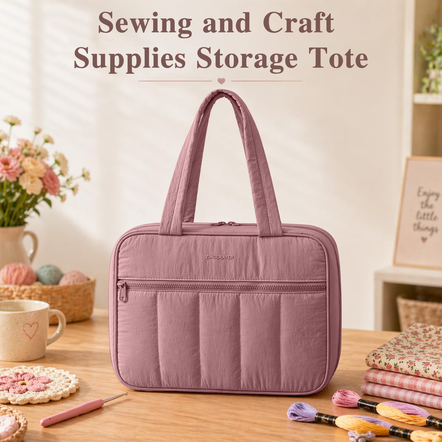 AMOIGEE Sewing Supplies Organizer Bag, Large Craft Storage Tote with 17 Clear Pockets&Tool Holders, Portable Crochet Knitting Embroidery Organizer Case for Threads, Hooks, Needles & Sewing Accessories