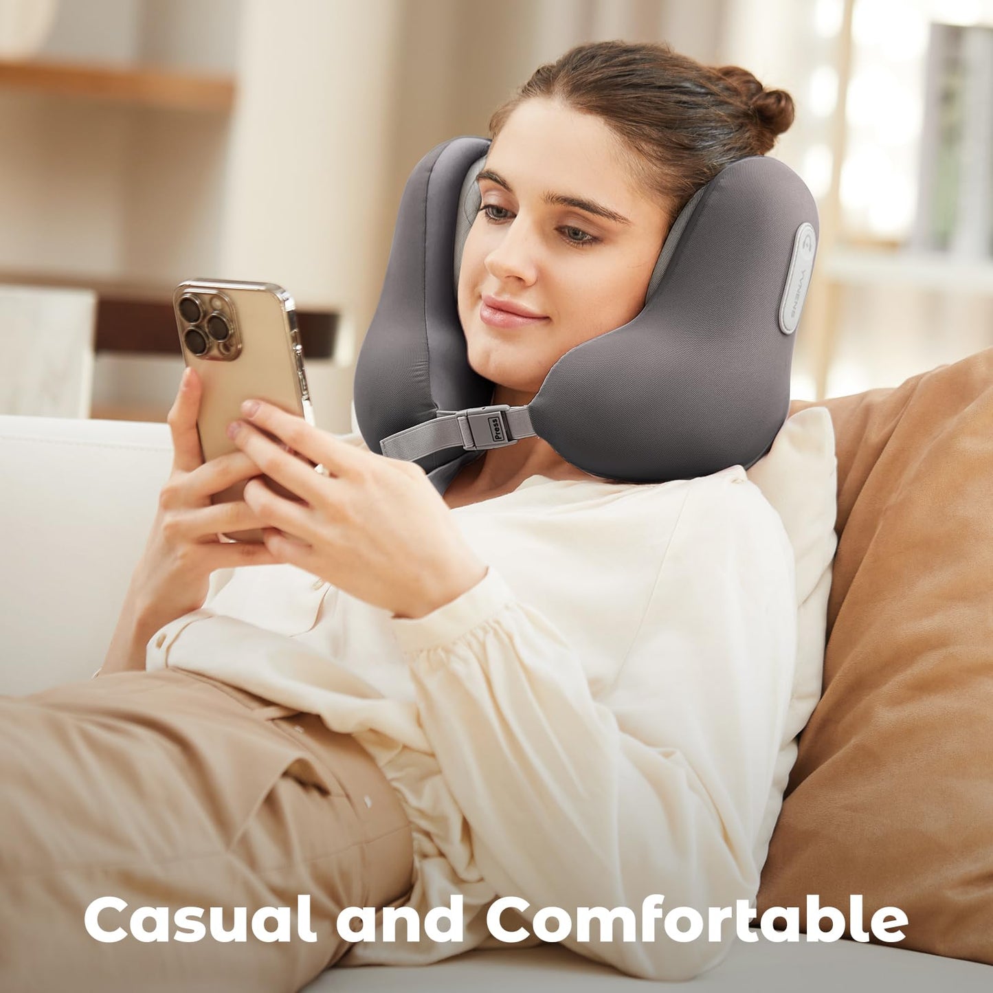 Travel Neck Pillow with Bluetooth Headset, Memory Foam Airplane Pillow for Head Support, Ergonomic Design Traveling Music Pillow for Home, Flight, Car with Adjustable Buckle and Drawstring Bag(Grey)