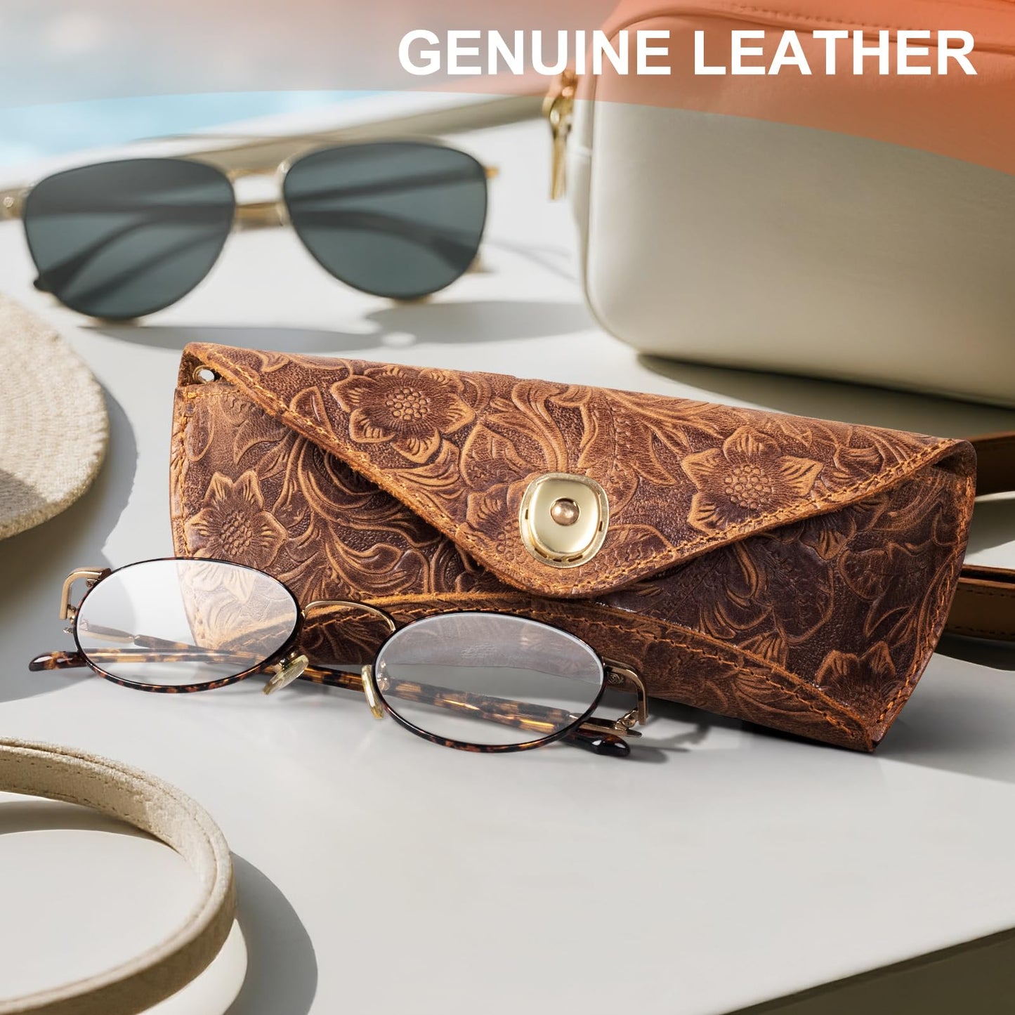 RMAWRAD Real Leather Glasses Case Handmade Cowhide Vintage in Sunglasses Nearsighted Glasses reading glasses Pouch Designed Travel Anti-Crush Lanyard for Men and Women Brown